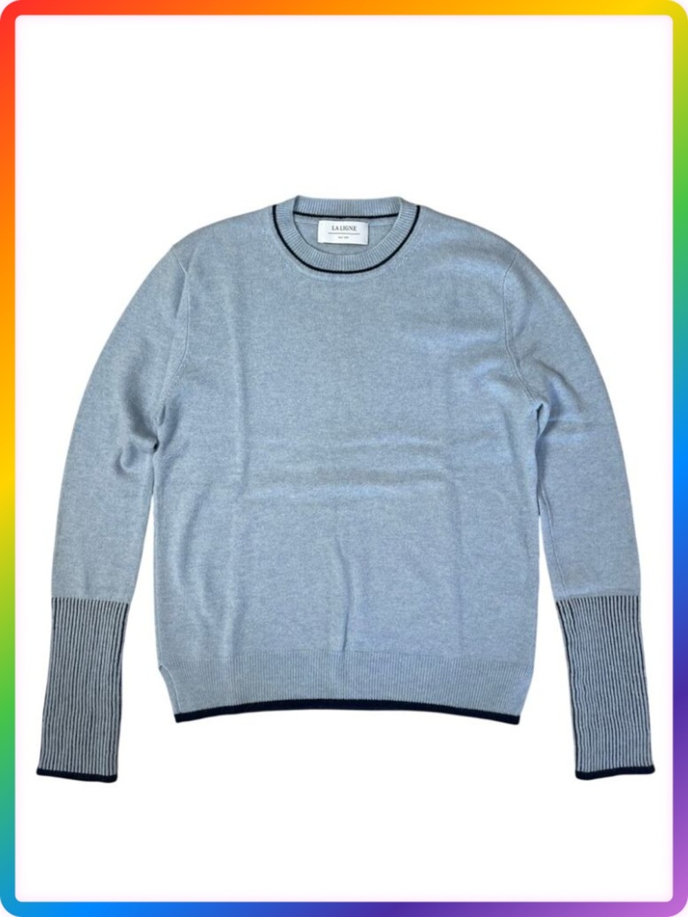 La Ligne Cashmere Crewneck Sweater SIZE S Blue Gray Contrast Cuffs SOFT